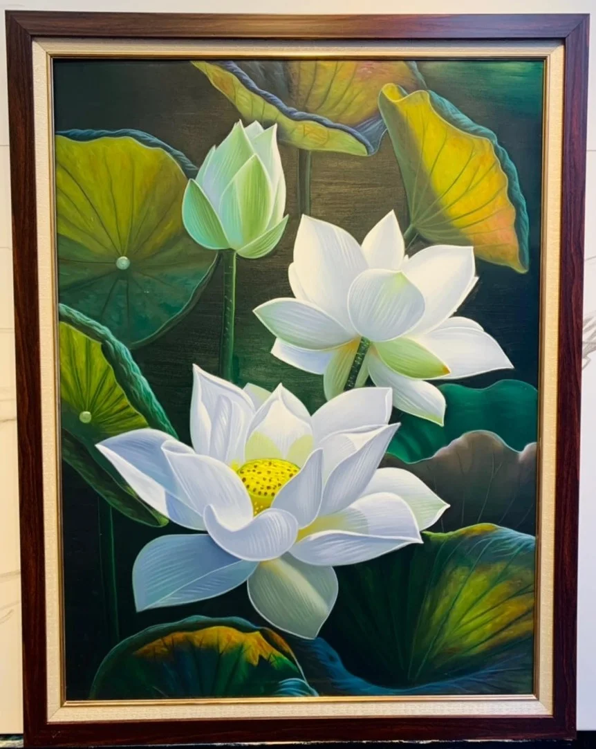 Tranh vẽ bông hoa sen đẹp sang trọng khổ dọc - Tranh Hoa Sen