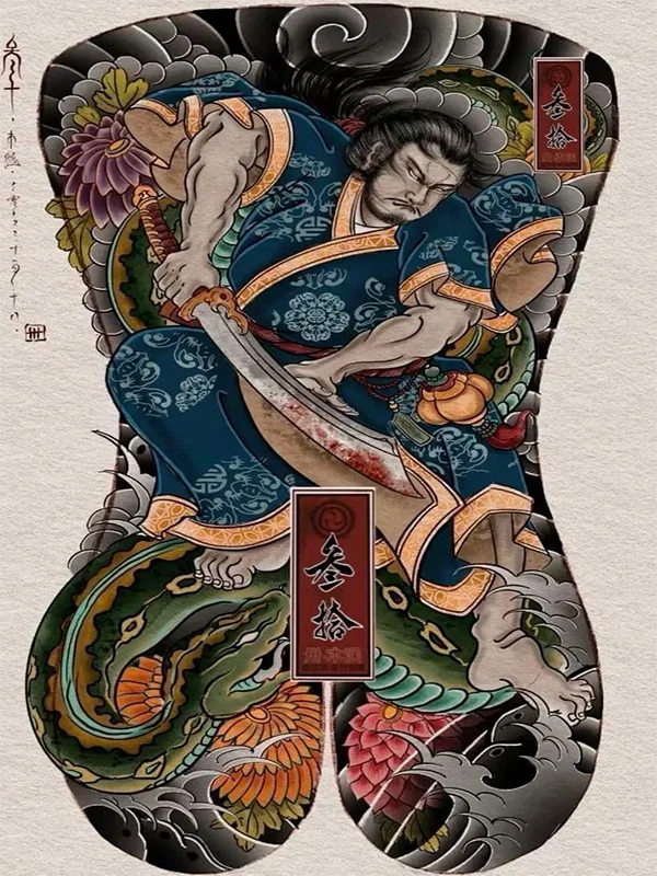Bản thiết kế hình xăm nhật cổ chiến binh samurai và hoa mẫu đơn