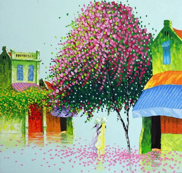 Tranh phong cảnh phố nhỏ với cây hoa hồng lớn, nhà cửa và người đi bộ