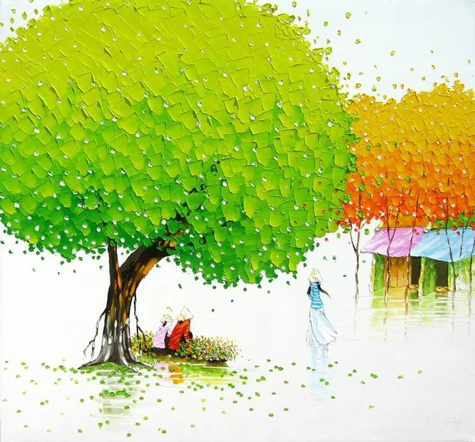 Tranh phong cảnh với cây xanh lớn, người đi bộ và ngôi nhà mái màu sắc bên hồ