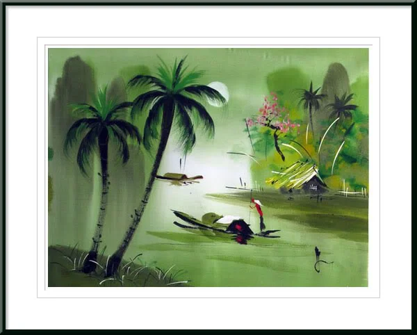 Tranh phong cảnh nhiệt đới với hàng dừa, đầm nước xanh và chim trời