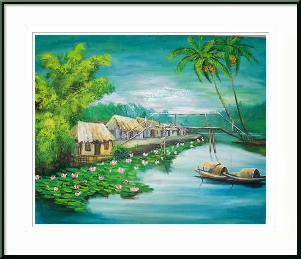 Tranh phong cảnh làng quê sông nước với nhà mái lá, hàng dừa, thuyền gỗ và đầm sen hồng