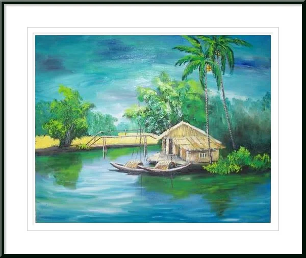 Tranh phong cảnh miền quê nhiệt đới với ngôi nhà ven sông, thuyền gỗ và hàng dừa xanh mát