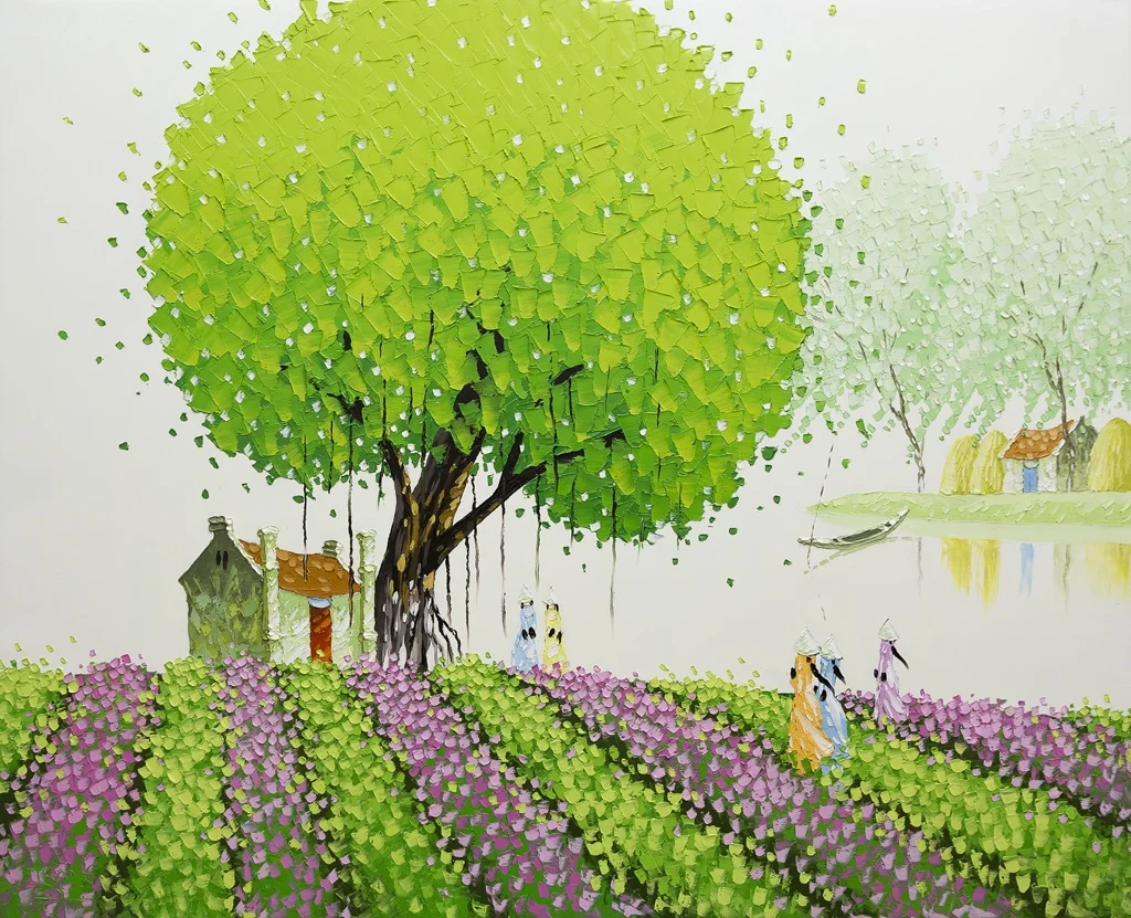Tranh phong cảnh vườn hoa tím bên ngôi nhà dưới tán cây xanh