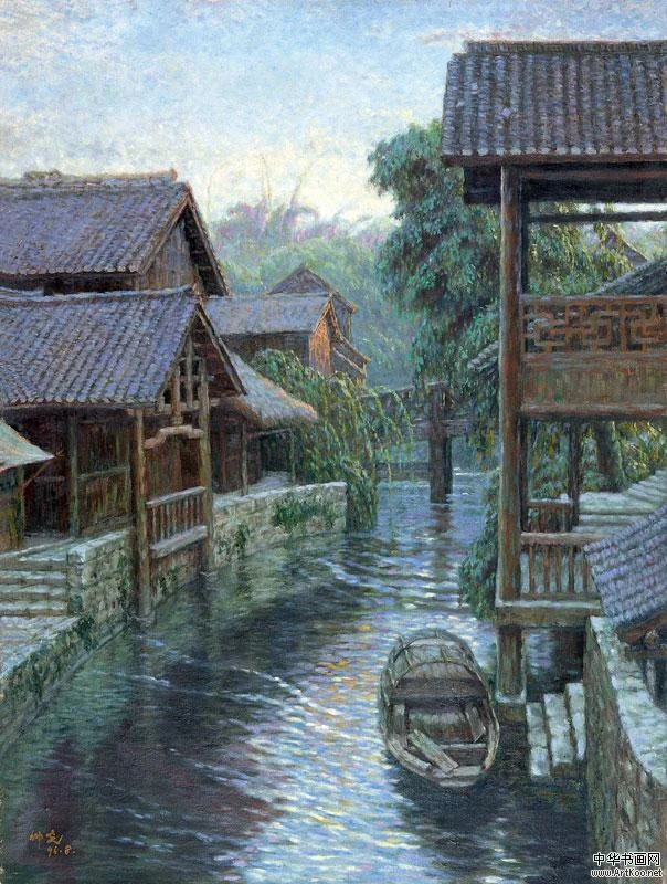 Tranh phong cảnh làng quê ven kênh với nhà gỗ, cầu nhỏ và thuyền