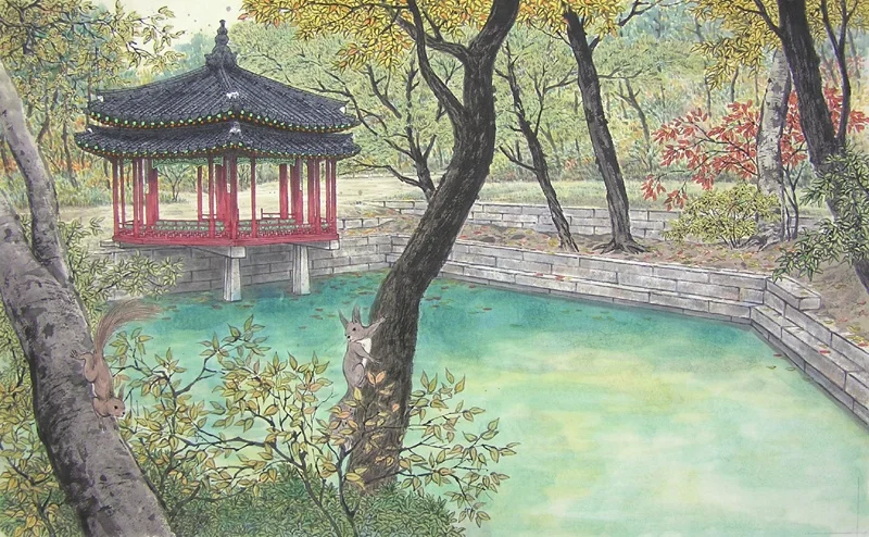 Tranh phong cảnh vọng lâu cổ bên hồ nước xanh, hàng cây rợp bóng và những chú thỏ trong khu vườn Á Đông