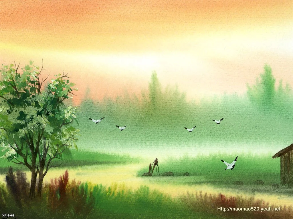 Tranh phong cảnh đồng quê xanh mướt với hàng cây, cánh đồng và đàn chim