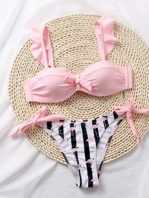 Bikini hồng hai mảnh họa tiết flamingo dây voan cho mùa hè bãi biển