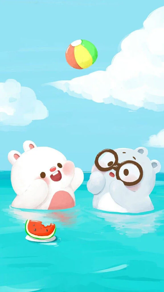hình nền điện thoại cute gấu trắng chơi đùa mùa hè