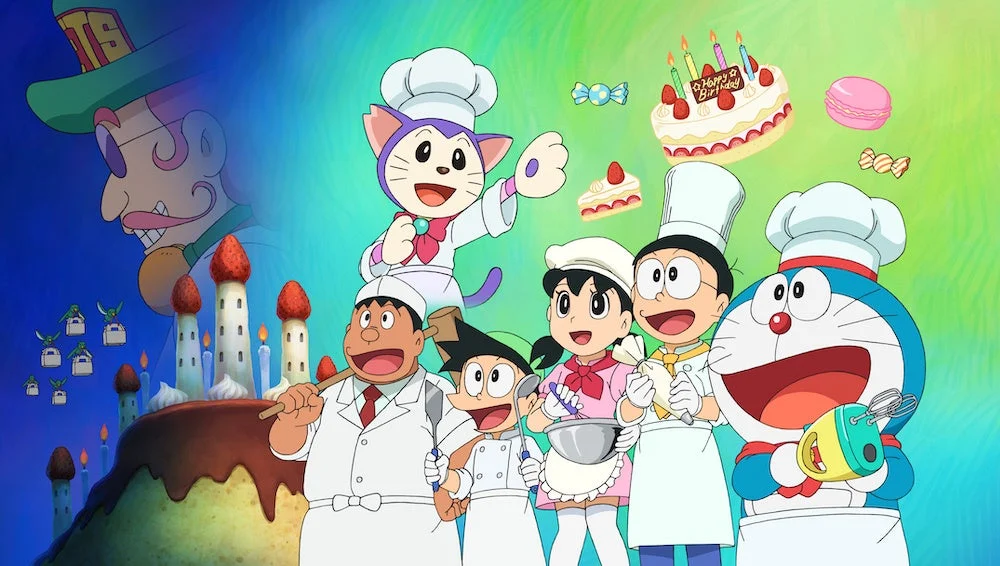 ảnh đại diện fb Doraemon và nhóm bạn mặc đồ đầu bếp phong cách hoạt hình vui nhộn