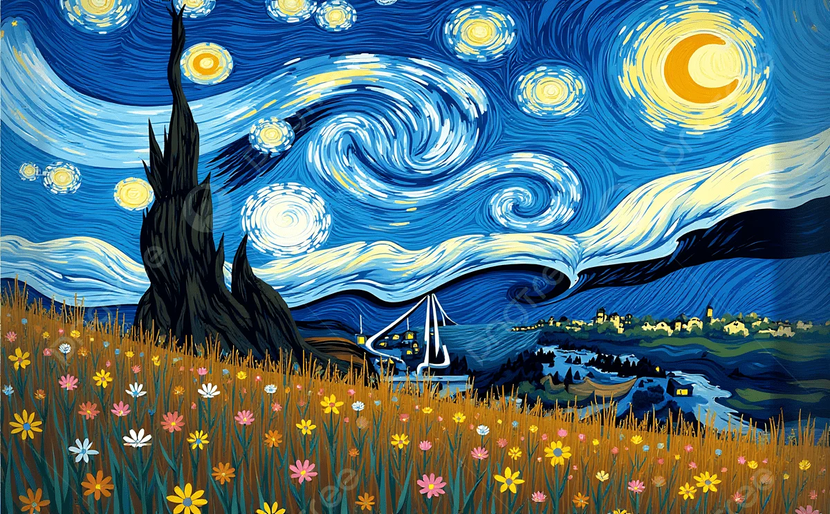 Hình nền Nền Một Diễn Giải Sống động Về đêm đầy Sao Của Van Gogh Với Bầu Trời Xoáy Ngôi Làng Cây Bách Và Chiếc Thuyền Trên Mặt Nước, Lấy Cảm Hứng